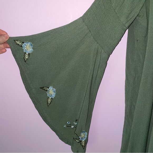 Blue Rain Cardigan L Gauzy Green Bell Sleeve Embroidered Open Front - Picture 3 of 10